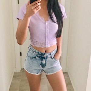 Buttoned Lace Rib-knit Top